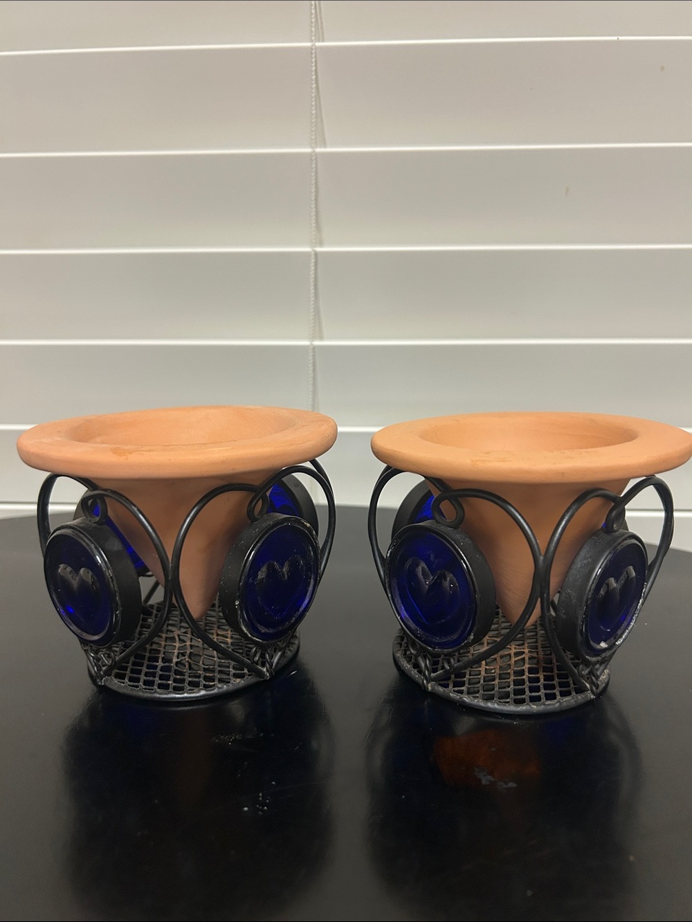 Terracotta & Blue Glass Decorative Votive Holders (Set of 2)